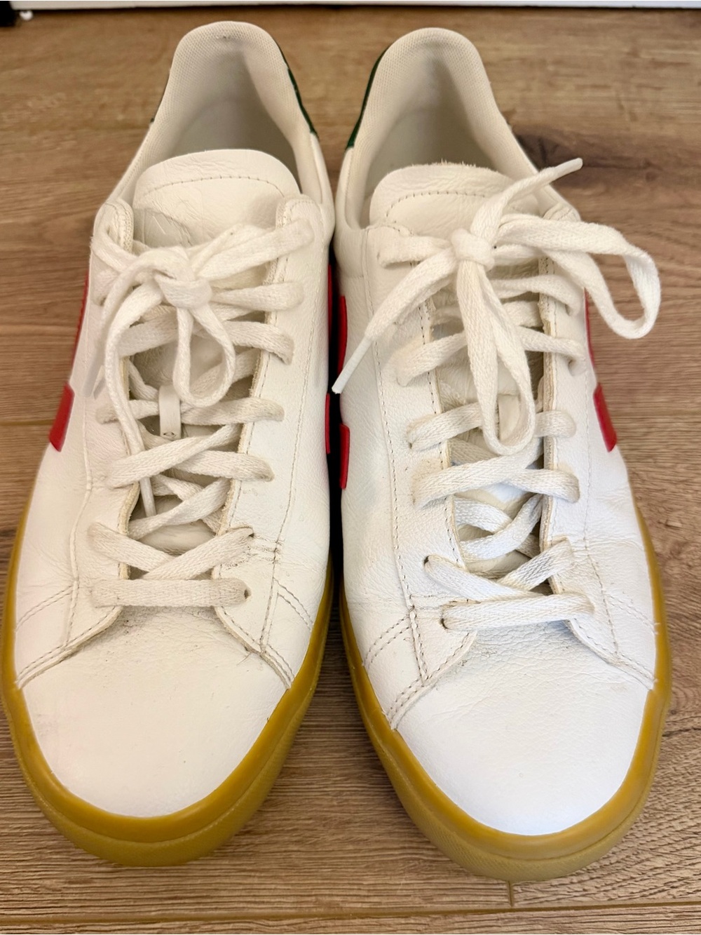 White Leather Veja Men's Sneakers with Gum Sole and Red Accent